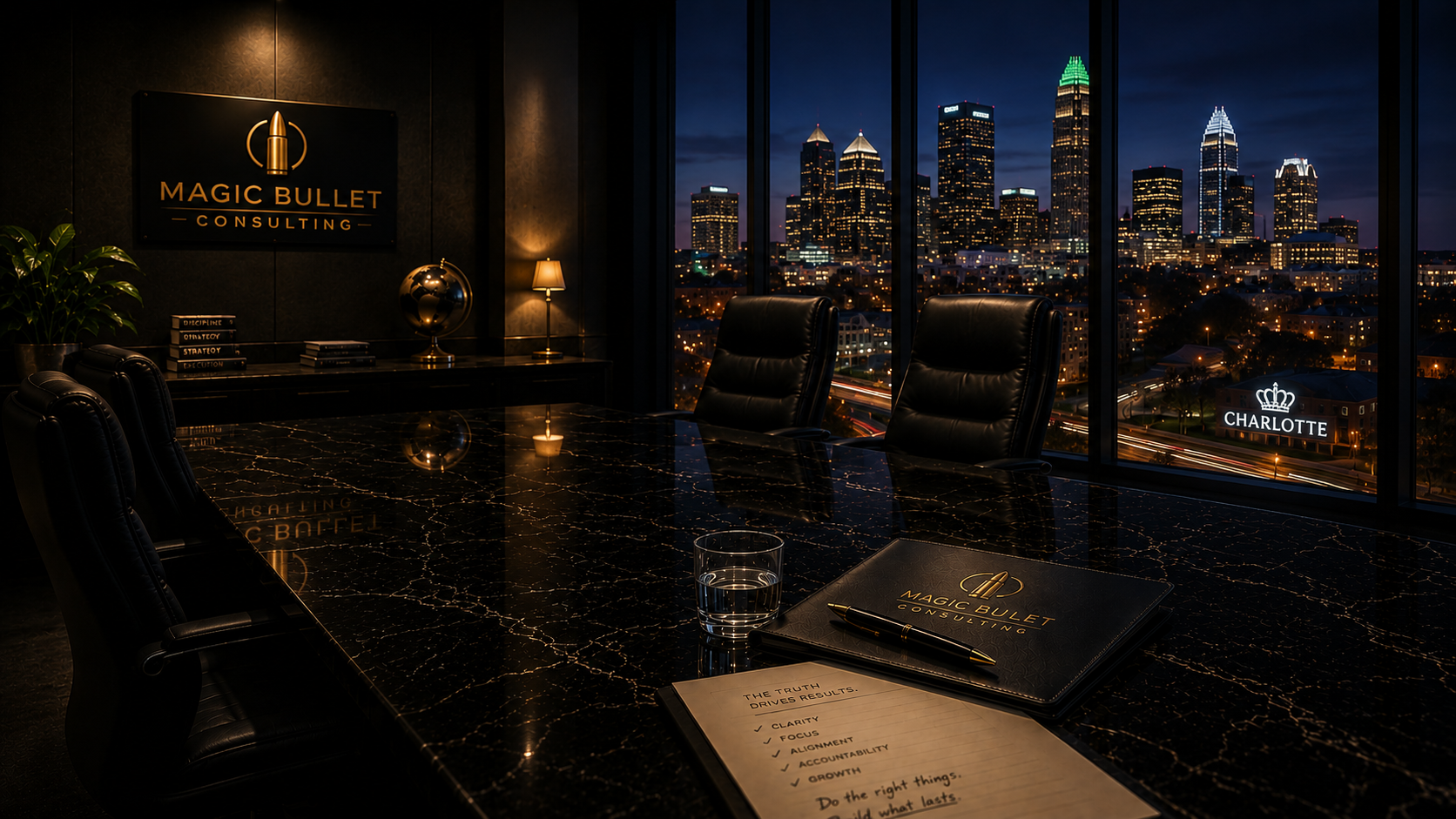 Magic Bullet boardroom overlooking the Charlotte skyline at dusk